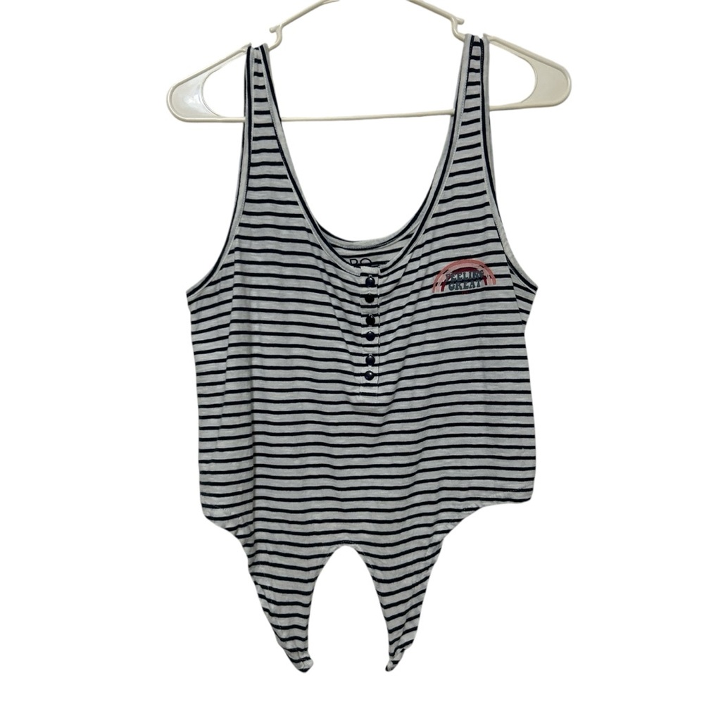 ROXY Striped Tie Front Tank Top "Feeling Great" Graphic Size Large